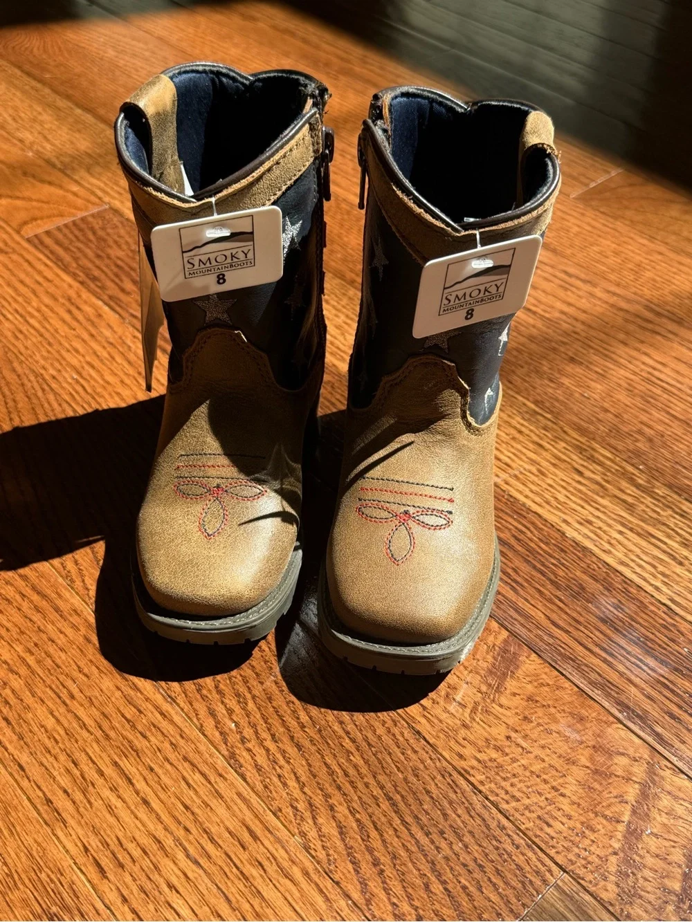 Children's Tan and Black Star Western Boots with Embroidered Toe